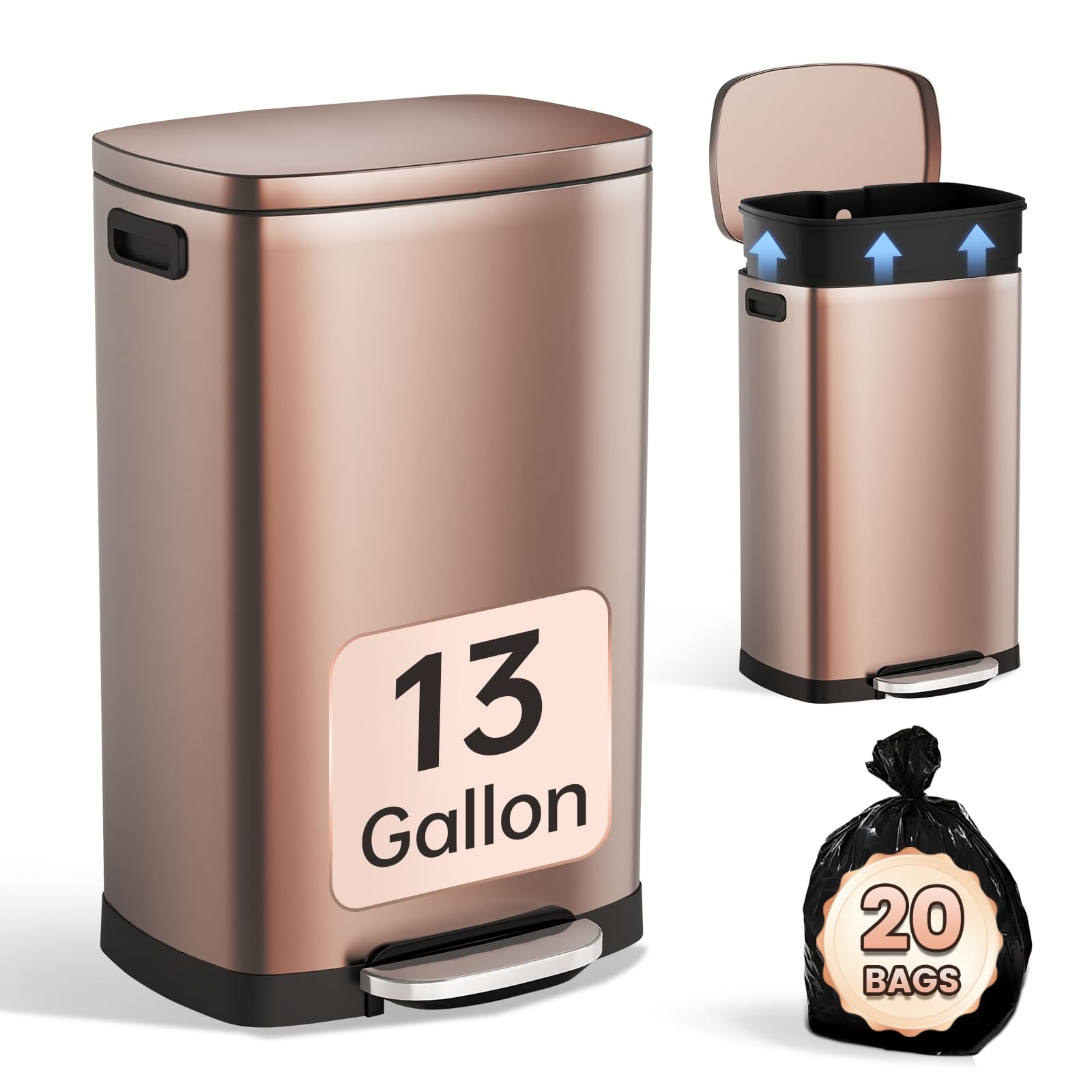 ELPHECO Kitchen Trash Can with Lid Soft Close, 13 Gallon / 50L Stainless Steel Pedal Garbage Can, Heavy-Duty Step Wastebasket with 20 Bags, Removable Bucket, Home Office, Champagne