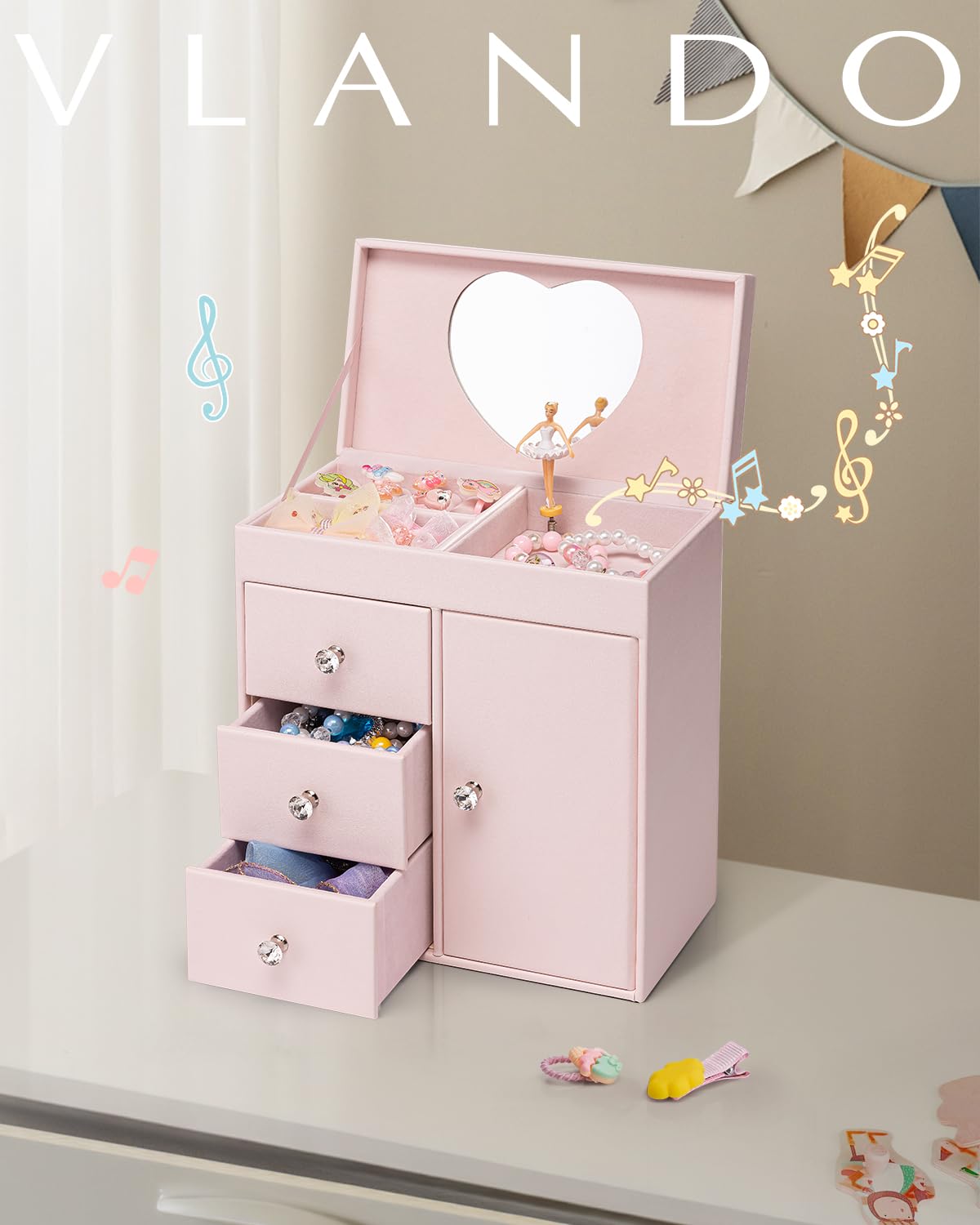 Vlando Musical Jewelry Box for Girls, Large Kid Music Box with Ballerina for Birthday Bedroom Decor, 4 Layer Girl Jewelry Gifts for Girls Kids - Light Pink