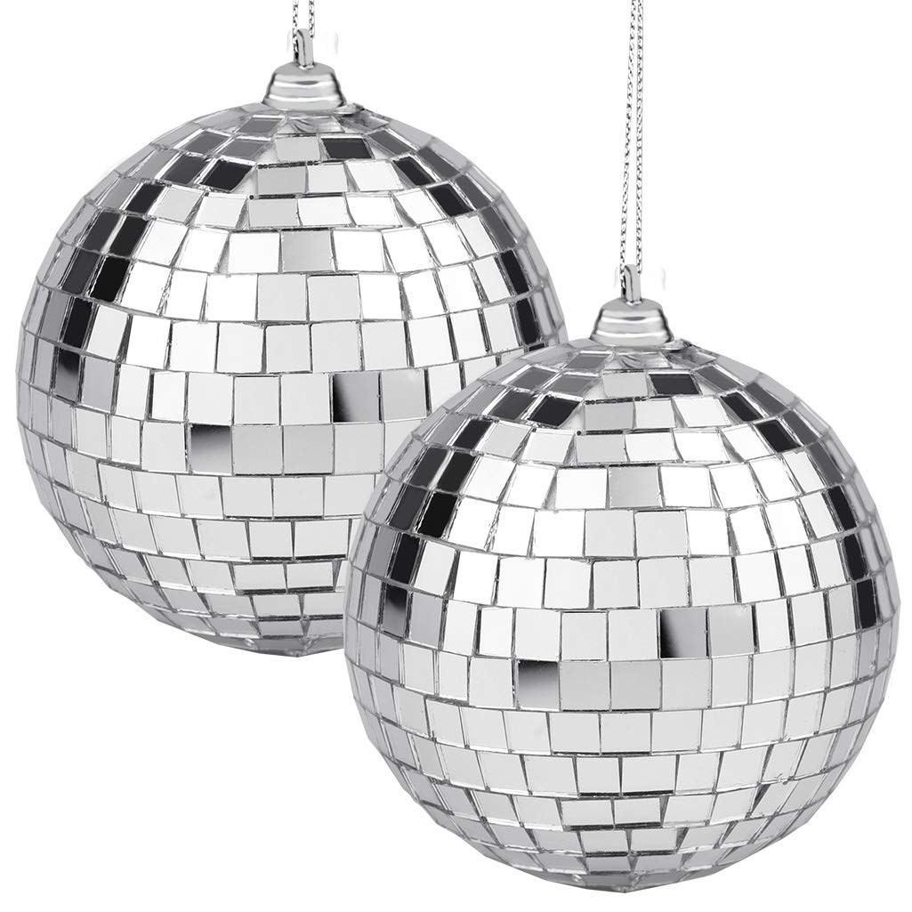 Photo 1 of 2 Pieces Disco Mirror Balls Silver Hanging Ball for 50s 60s 70s Disco DJ Light Effect Party Home Decoration Stage Props School Festivals Party Favors and Supplies 4 Inch (4inch, Silver)