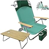 WKFAMOUT Folding Backpack Beach Chair Aluminum 5-Position with Samll Camping Table Bamboo Lay Flat Lounge Chair Outdoor for Adults with Insulated Cooler Bag
