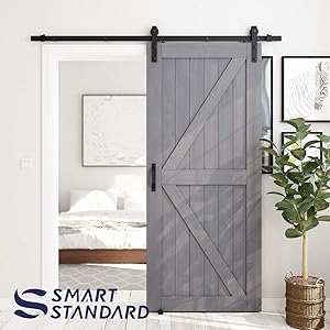 SMARTSTANDARD 36in x 84in Sliding Barn Door with 6.6ft Barn Door Hardware Kit & Handle, Pre-Drilled Ready to Assemble, DIY Unfinished Solid Spruce Wood Panelled Slab, K-Frame, Grey