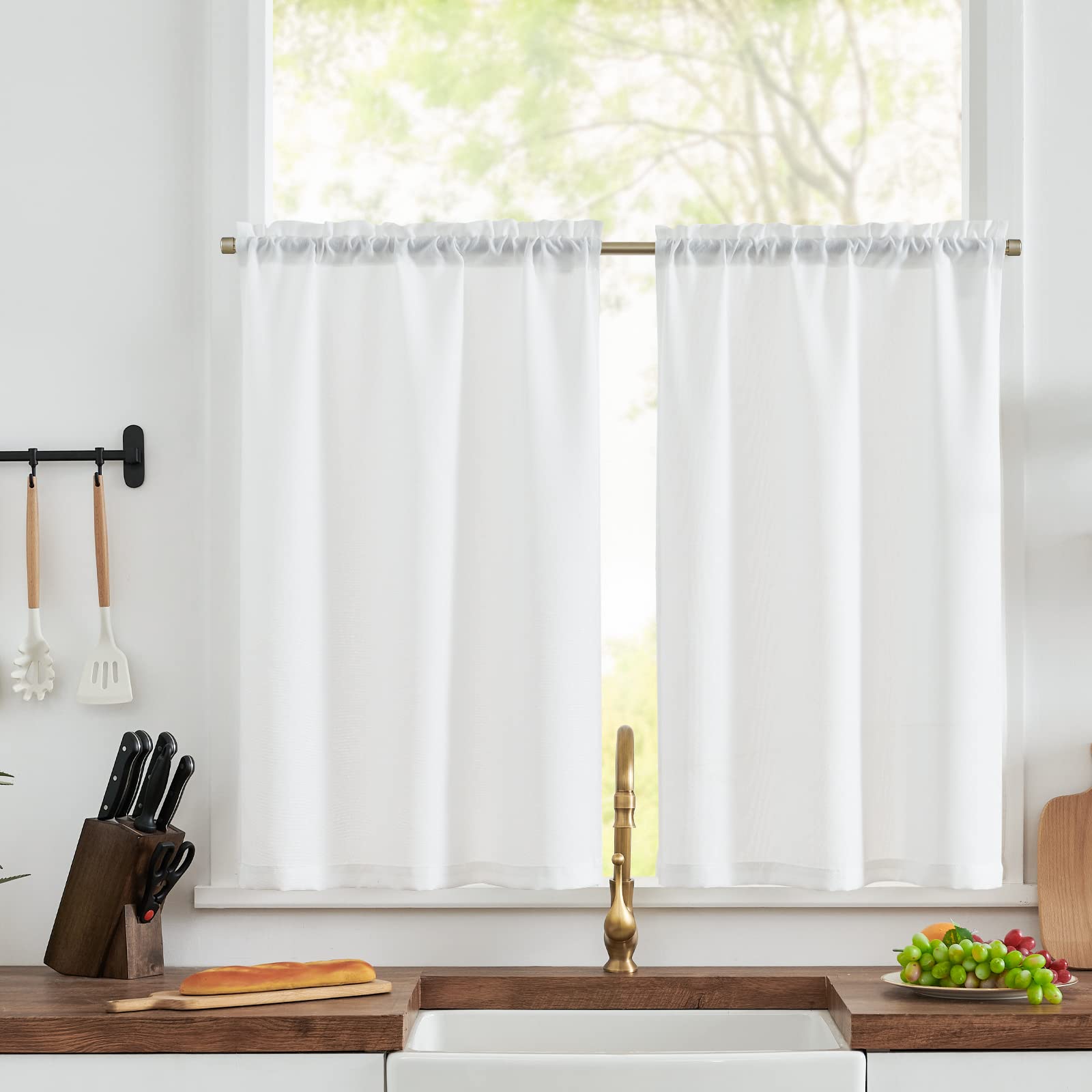 TOPICK Linen Optics White Kitchen Curtains 36 Inch Drop Small Cafe Curtains Light Filtering Curtain Tiers for Bathroom Sink Cupboard Rod Pocket 2 Panels