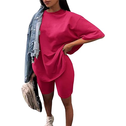 Glamaker Women 2 Piece Outfit Sets Casual Oversized T-Shirt Tops Biker Shorts Workout Sport s Tracksuit