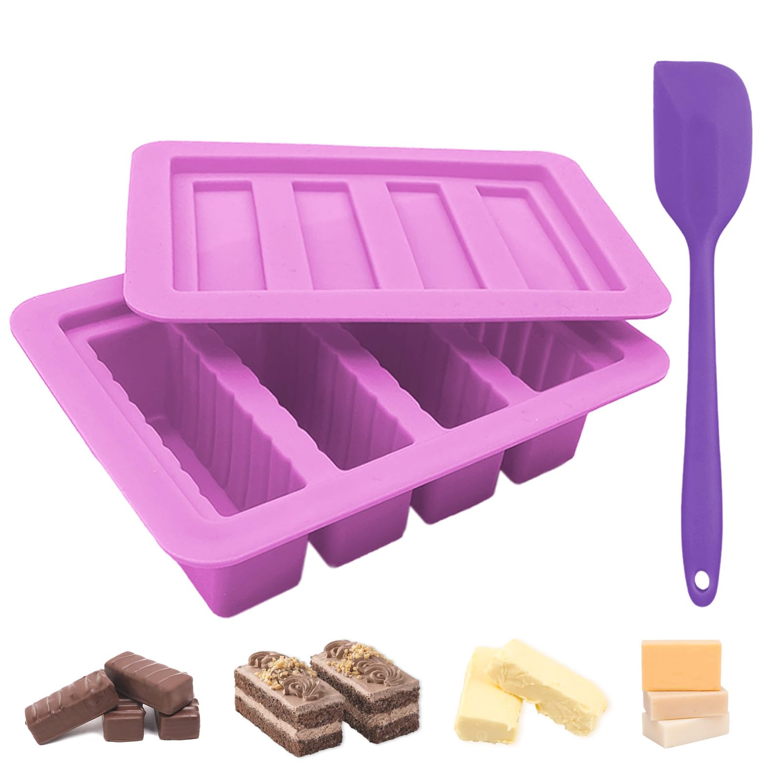 JINGIHE 4-Cavity Rectangle Butter Silicone Molds, Deep Chocolate Bar Moulds with Spatula, Silicone Moulds Kit for Soap Bread Brownie Cornbread Cheesecake Baking DIY (Purple)