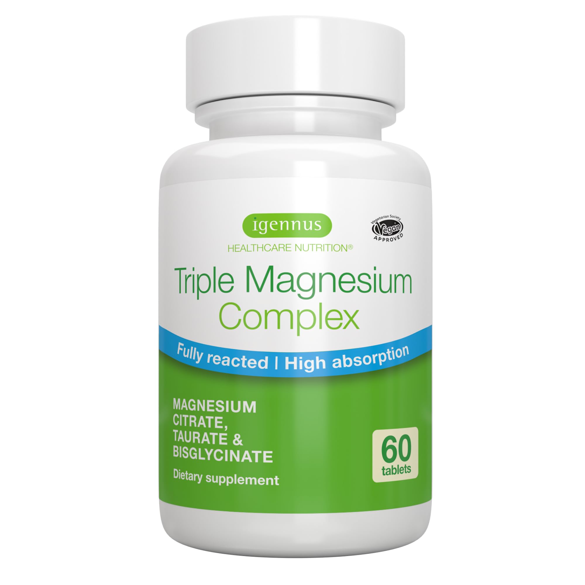 Igennus Superior Triple Magnesium Complex, Fully Reacted & Chelated Glycinate, Taurate & Citrate, Clean Label, High Bioavailability & Absorption, 60 Tablets, Vegan, Non-Buffered