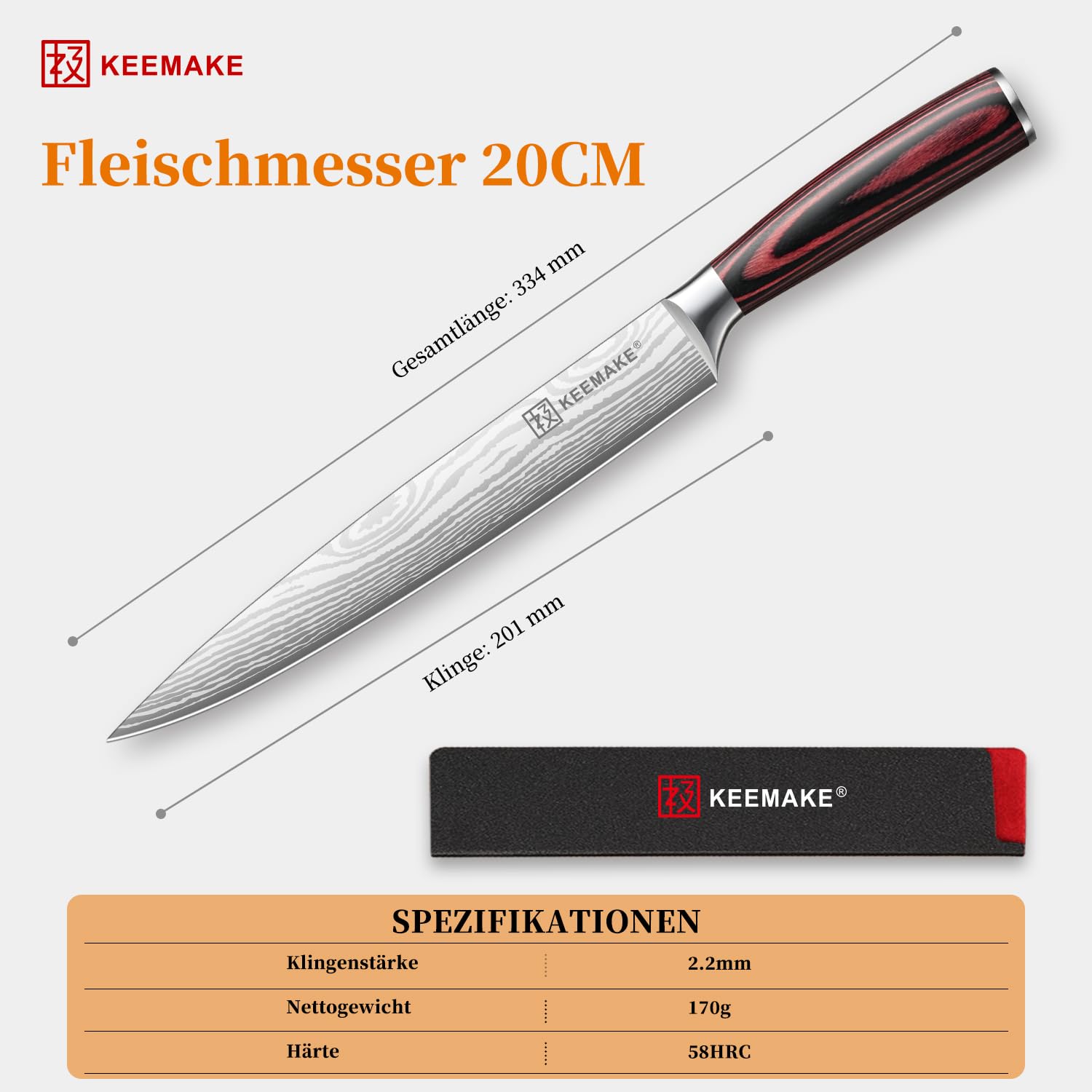 KEEMAKE Scharf Fleischmesser 20cm - Profi Kochmesser Küchenmesser aus Edel-Stahl, Tranchiermesser Schinkenmesser mit ergonomischem Pakkaholz-Griff, Allzweck Grillmesser Chef Knife, Vatertagsgeschenk 2