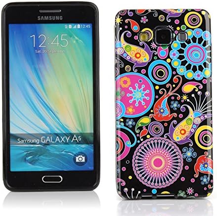 KMO Samsung Galaxy A5 (2015) Case Cover [Shock Absorbing] [Thin Fit] Soft TPU Gel Skin Protection - Multicoloured / Black Retro Flowers