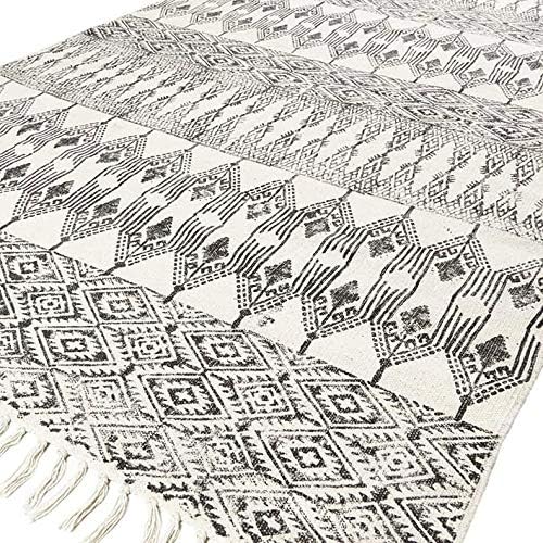 Eyes of India - 4 X 6 ft Off-White Black Cotton Block Print Area Dhurrie Rug Flat Weave Hand Woven Tassel Boho Chic Indian Bohemian Accent Handmade Handwoven