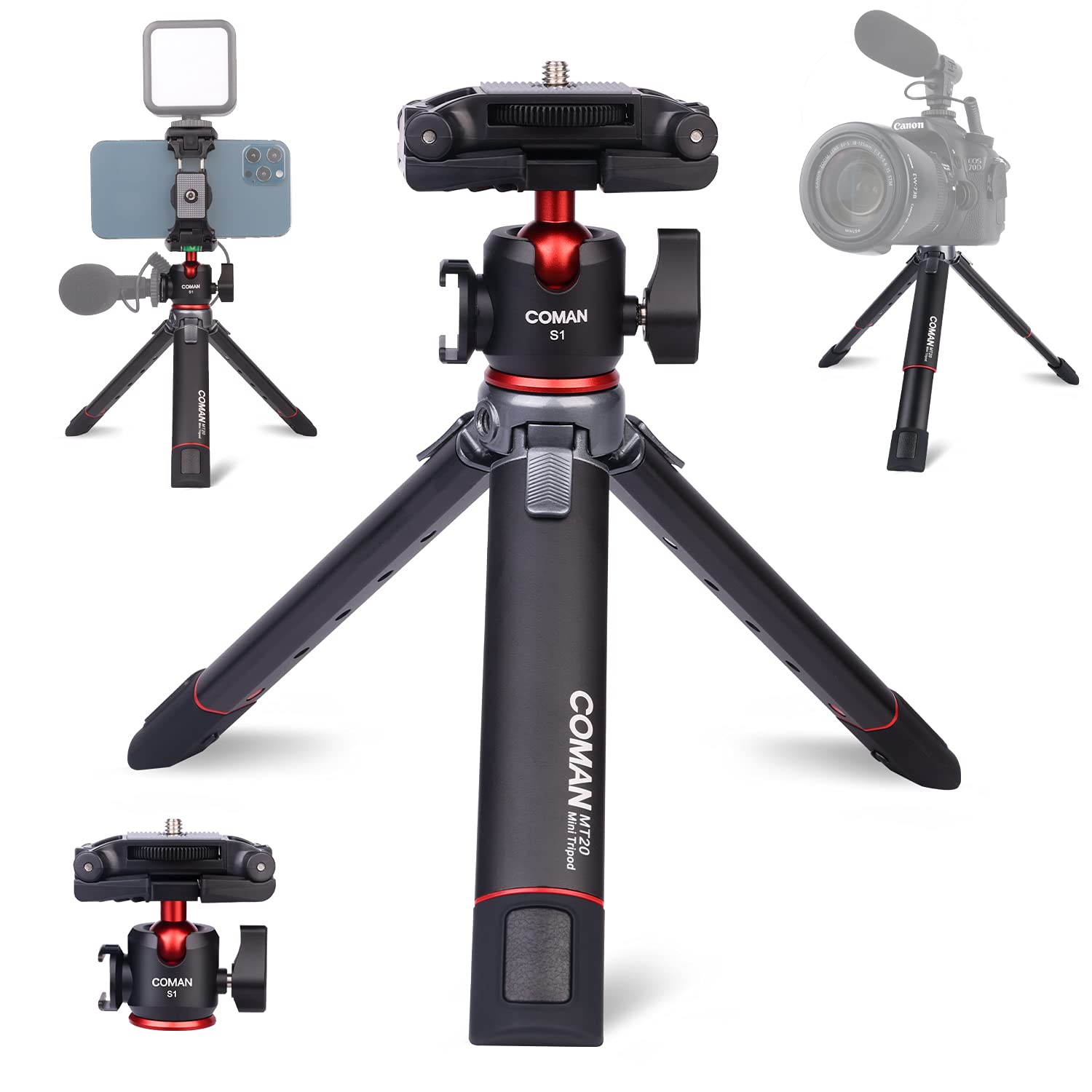 2 in 1 Camera&Cellphone Tripod with Phone Mount&Dual Cold Shoe Extension Pole Handle Grip Mini Selfie Stick for iPhone/Android/Camera, Vlogging Live Streaming Zoom Meeting… MT20S1