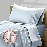 TEXAS LINEN CO. Luxury Egyptian Cotton Twin XL Sheet Set - 600 Thread Count 3 PC Deep Pocket Fitted and Flat Sheets, Soft, Cooling Extra Long Staple Sateen Bedding, Dorm Room Sheets - Light Blue