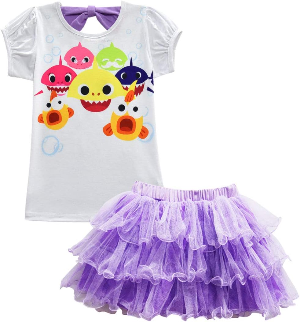 Toddler Girl Baby Princess Shirt and Skirt Set Shark Cartoon Print Dress