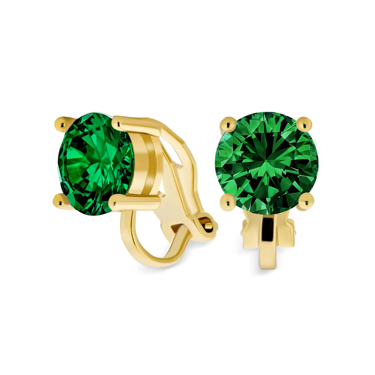 Green Brilliant Cut Solitaire Round Cubic Zirconia CZ Clip On Stud Earrings Simulated Emerald Gold Plated Brass