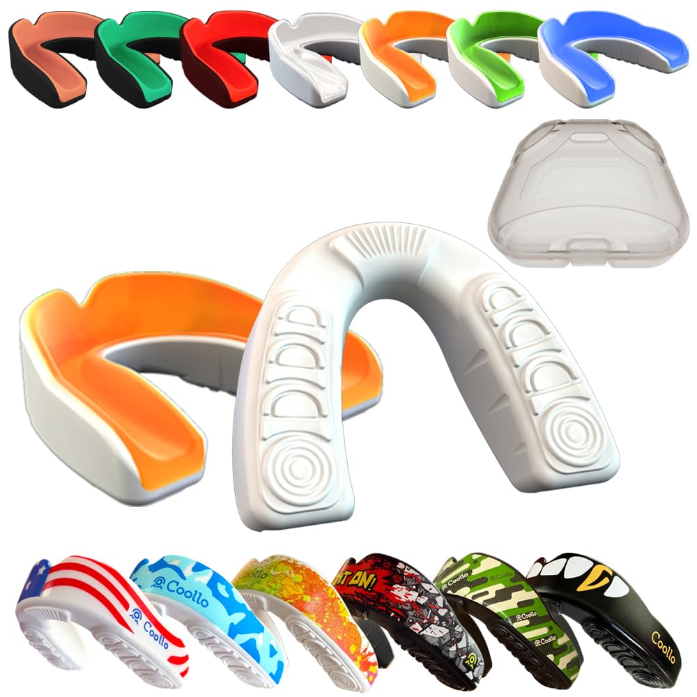 COOLLO SPORTS Boil and Bite Mouth Guard (Youth & Adult) DA Custom Fit Sport Mouthpiece for Football, Hockey, Rugby, Lacrosse, Boxing, MMA (Free Case Included!) (Orange & White, Ages 11 & Above)…