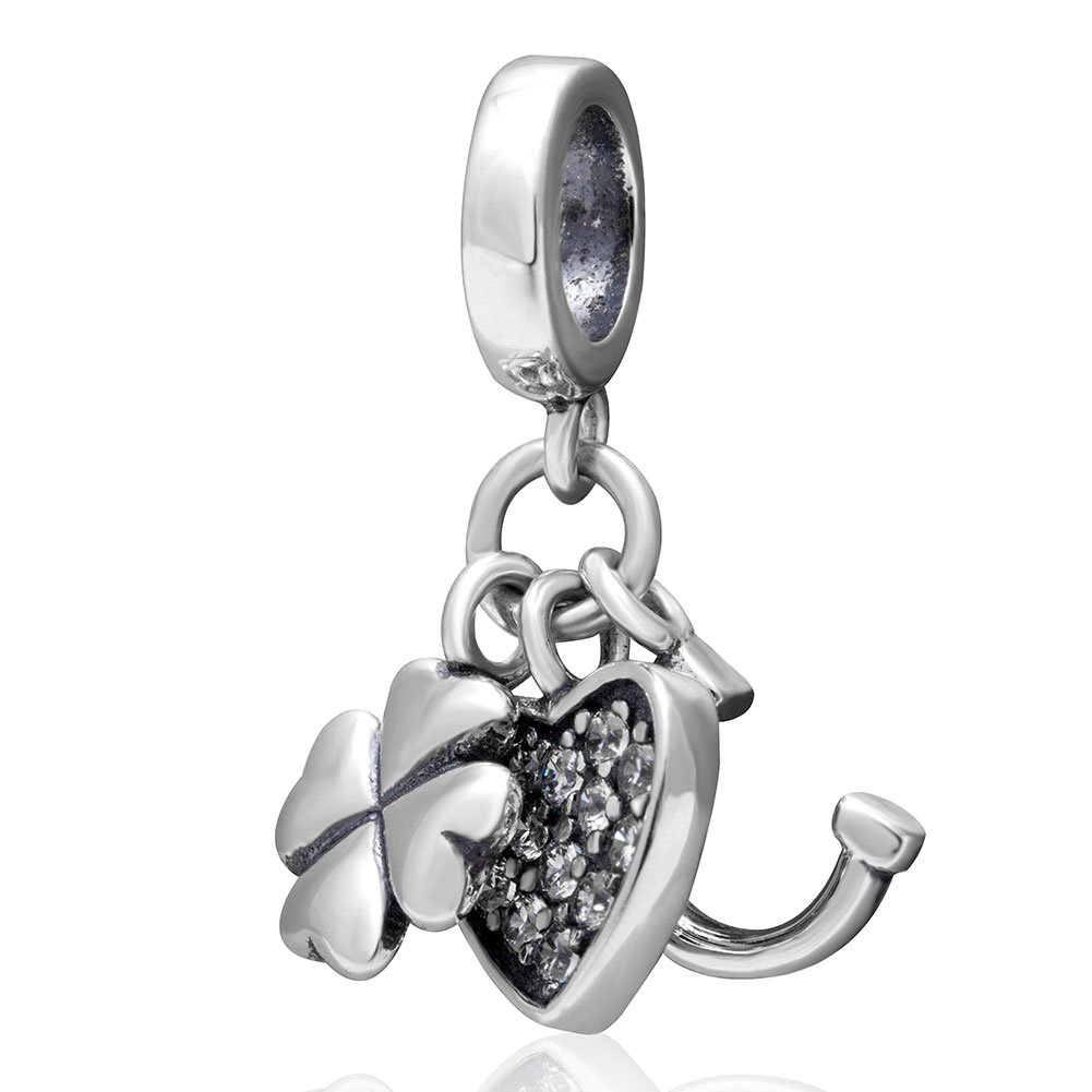 YiRong Jewelry Sterling Silver Lucky Clover Horseshoe Flower Charm for Pandora Charm Bracelet