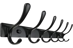 SKOLOO Coat Rack Wall Mounted - 6 Hooks, Heavy Duty, Stainless Steel, Metal Wall Hanger, Sturdy Coat Hooks for Hanging Coats, Jacket, Clothes, Hats - Black