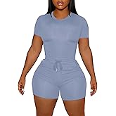 LovelyWholesale Women's Summer 2 Piece Outfits Skinny Shorts Tracksuit Sets