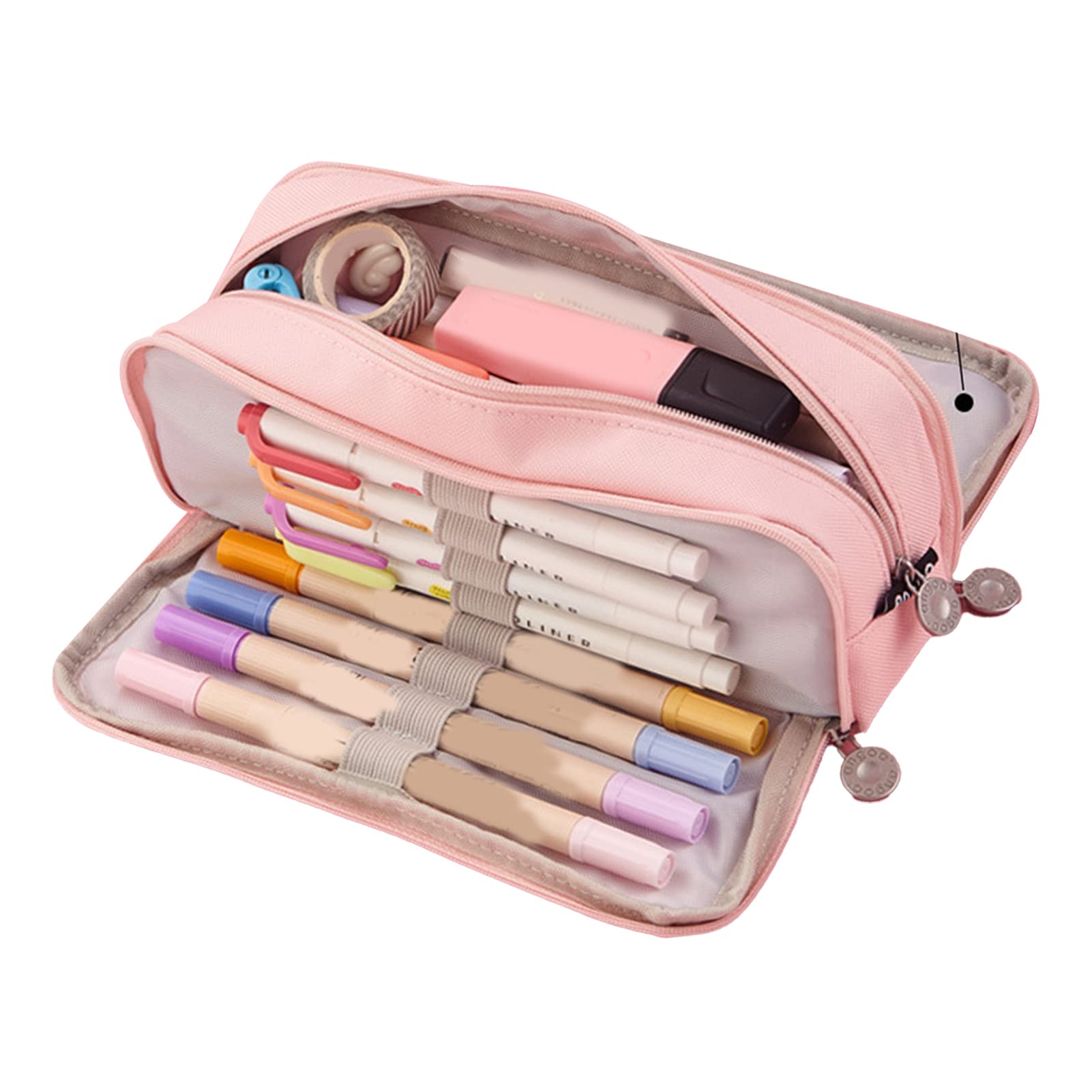 HERCHR Large Pencil Case, 3 Compartments Canvas Pencil Pouch Big Capacity Pencil Bag Stationery Storage Pen Bag Cosmetic Makeup Pouch for Teen Boys Girls School Students(Pink)