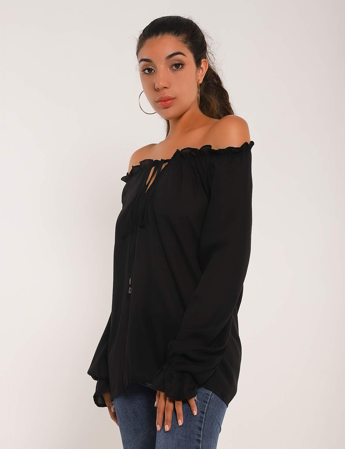 Blooming Jelly Womens Off The Shoulder Tops Chiffon Blouse Tie Neck Bell Sleeve Ruffle Elegant Flowy Shirt（S,Black