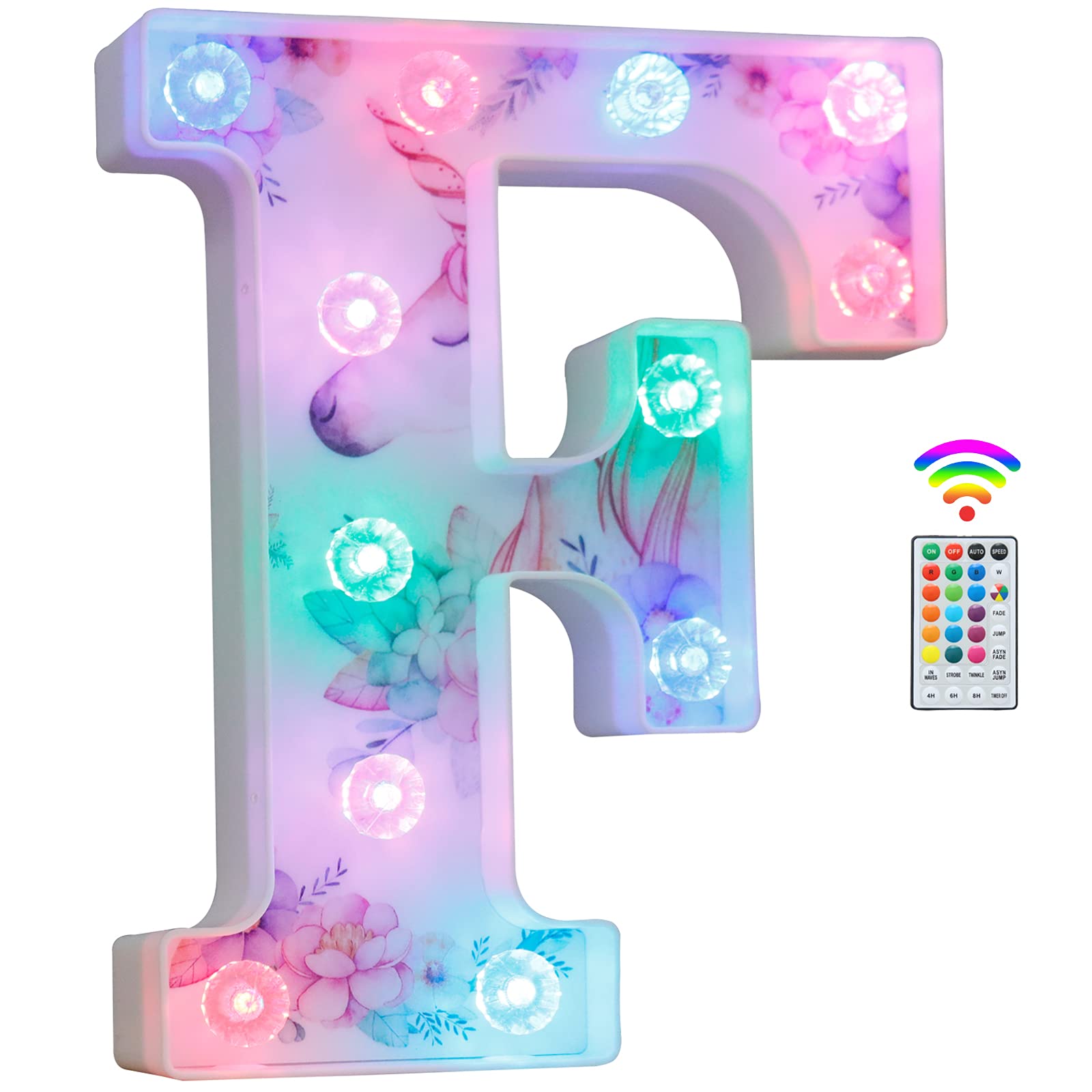 Unicorn Light Up Letters, LED Letter Lights 18 Color Changing Diamond Alphabet Sign Unicorn Gifts for Girls Women Party Birthday Decorations Remote Night Light Christmas Valentine Wall Table Decor - F