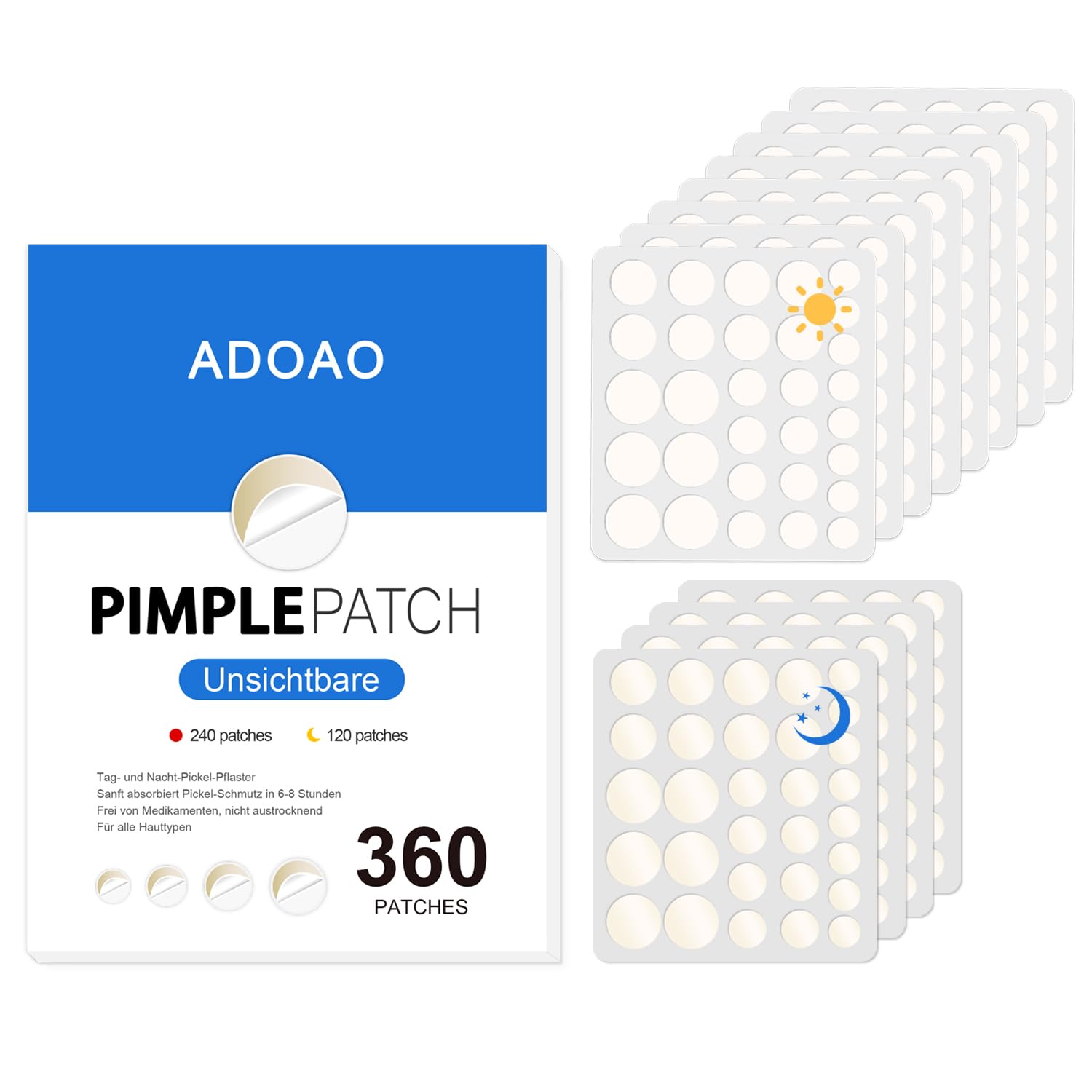 Pack of 360 Hydrocolloid Acne Pimple Patches Anti-Acne Patch Invisible for Day and Night with Tea Tree Oil, Salicylic Acid, Centella Asiatica, 4 Sizes 8 mm, 10 mm, 12 mm, 14 mm