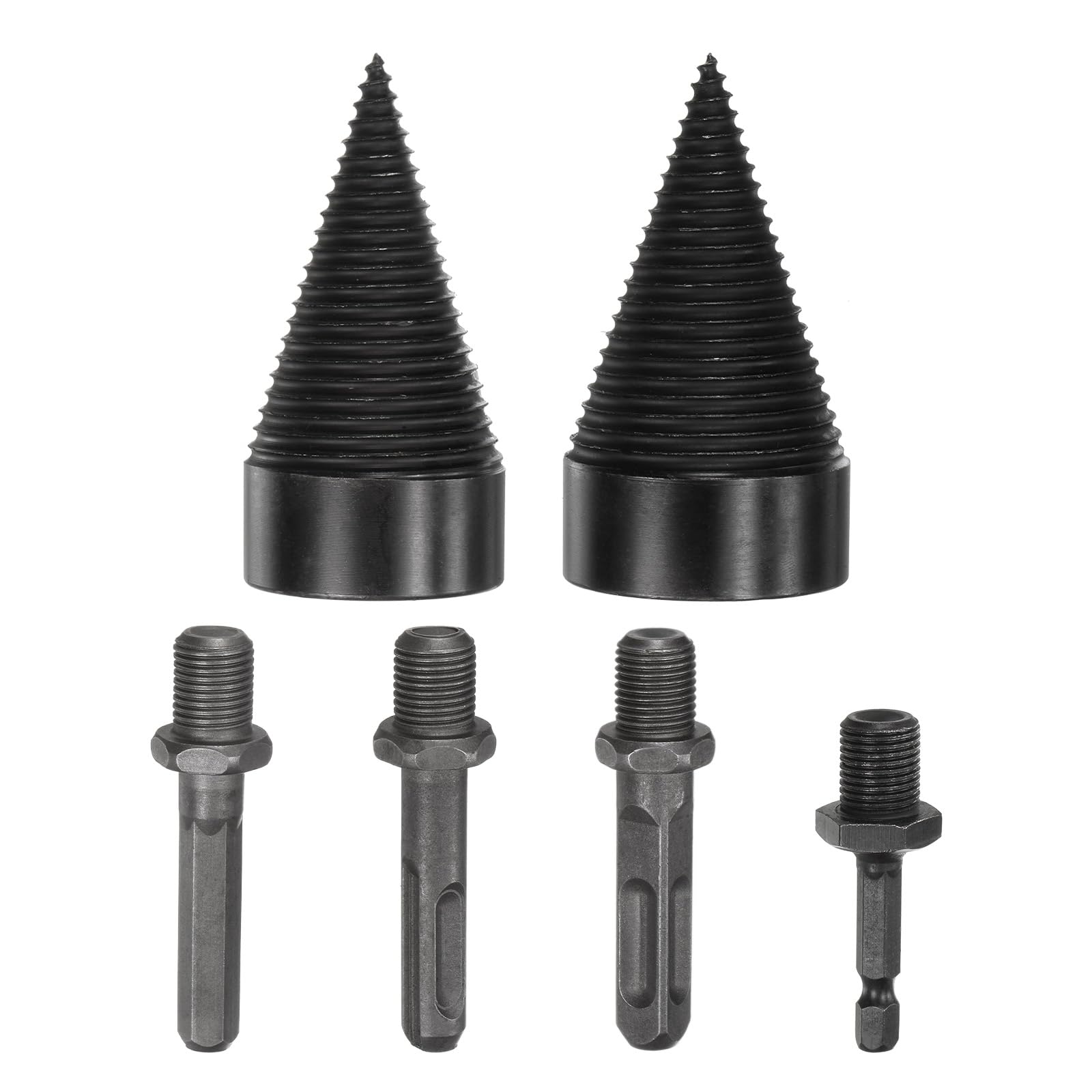 M METERXITY 2-Pack Wood Splitter Drill Bit 45mm + 50mm + 4 Handles (Square + Round + Hex Shank + Small Hex) Firewood Log Splitter Drill Bit for Family/Outdoor/Stove/Farm [Black+Grey]