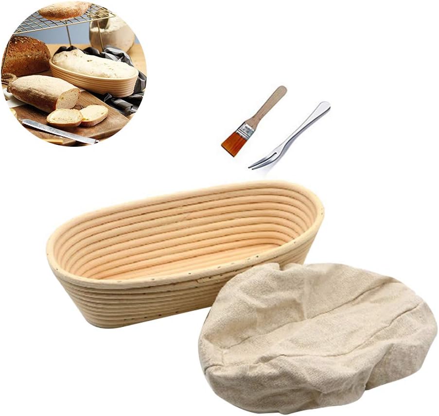 Bread Proofing Baskets, 8 Oval Bread Proofing Basket Banneton Brotform Dough Rattan Bread Storage Basket, Proofing Rising Rattan Bowl(400g Dough) + Free Liner + Free Bread Fork + Free Brush