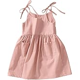 GLIGLITTR Toddler Baby Girls Summer Cotton Linen White Dress Bow Straps Sleeveless with Pockets Party Beach Casual Sundress