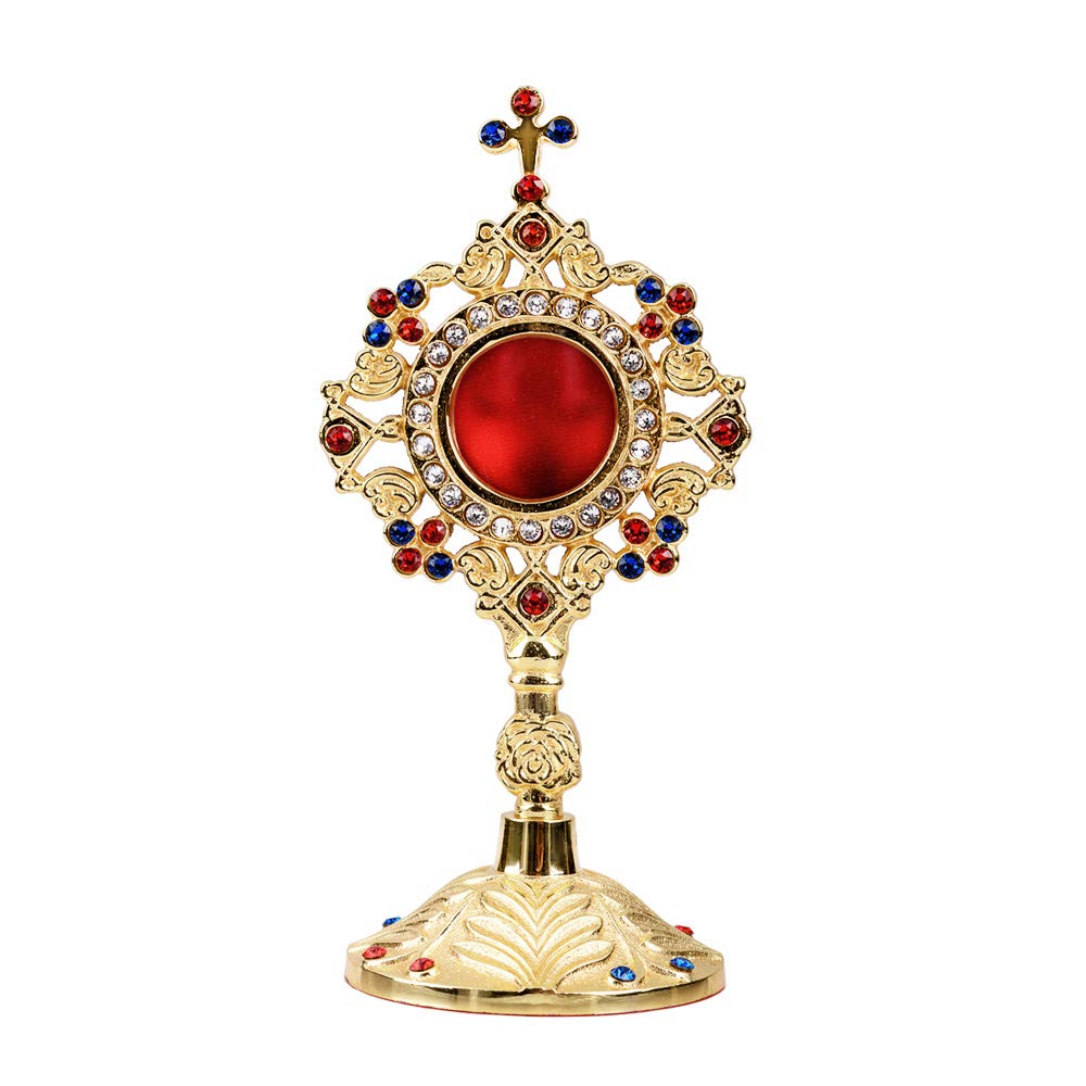 NKlaus Monstrance 20cm High Reliquary with Stones Gold Brass Solid Cross Reliquary Container for Souvenirs Holder Home Altar Luna Opening Back Handmade 2847