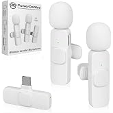PowerDeWise Wireless Lavalier Microphone for iPhone &amp; Android, 2 Pack White Mini Mic, USB-C/Lightning Clip-On Microphone, AI Noise Cancellation, 70FT Range for TikTok YouTube Podcast Vlog
