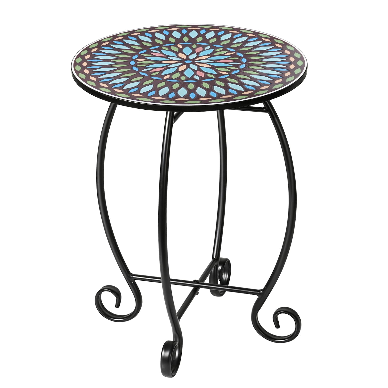 The Home Cult 14" Round End Table, Unique Relief Ceramic Tile Tabletop with Metal Frame, Metal Scrollwork Accent Side Table Image