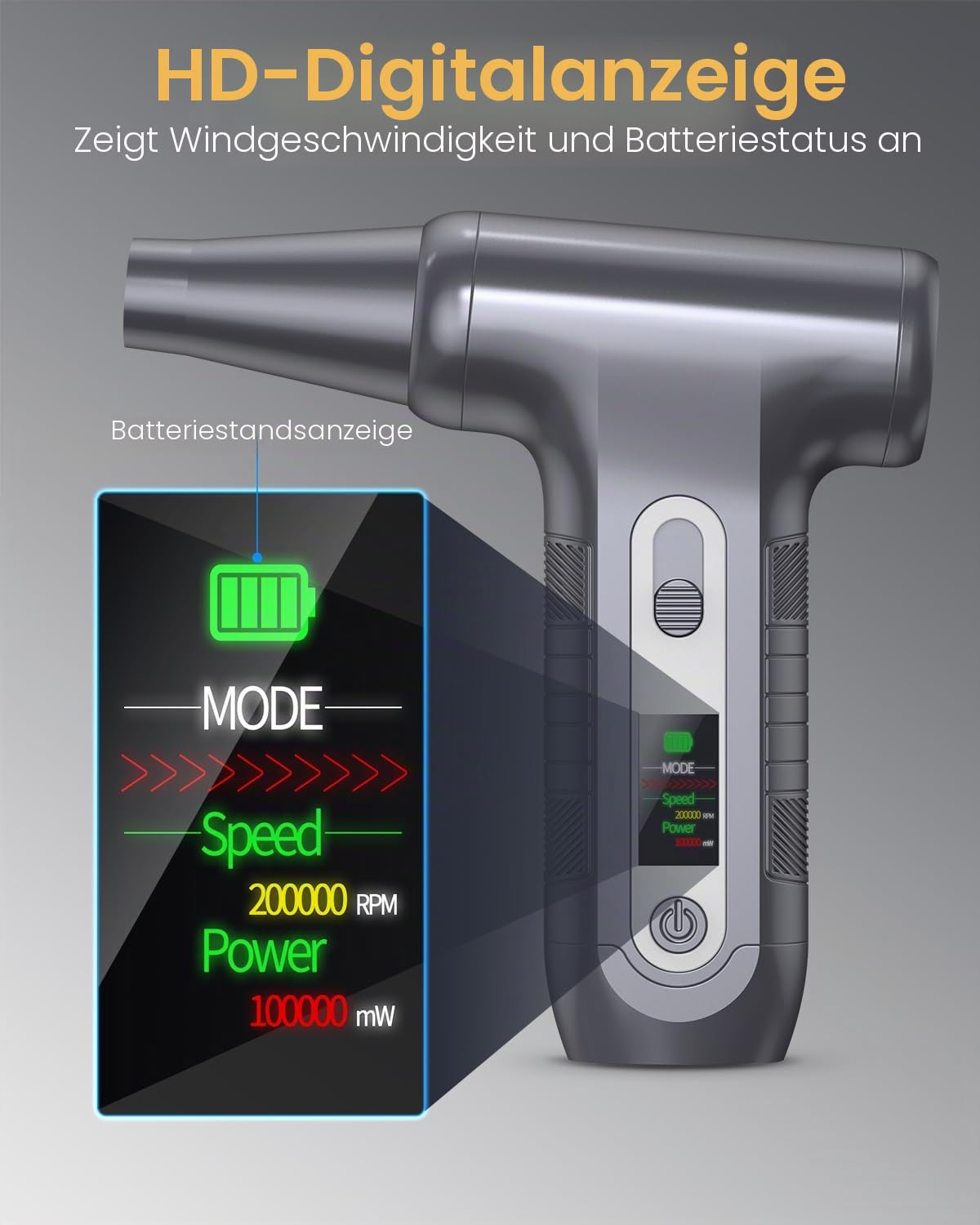 Elektrische Staubgebläse 200000 RPM mit HD‑Display - Air Duster Mini‑Gebläse für PC‑Reinigung mit LED‑Licht, Druckluftspray für Laptops, Tastatur, Elektronik, Modell W06, Silber 2