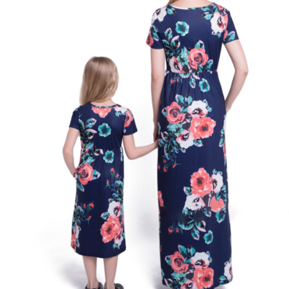 Pevor Mommy and Me Floral Printed Bohemia Maxi Long Matching Dresses Mom XL Navy