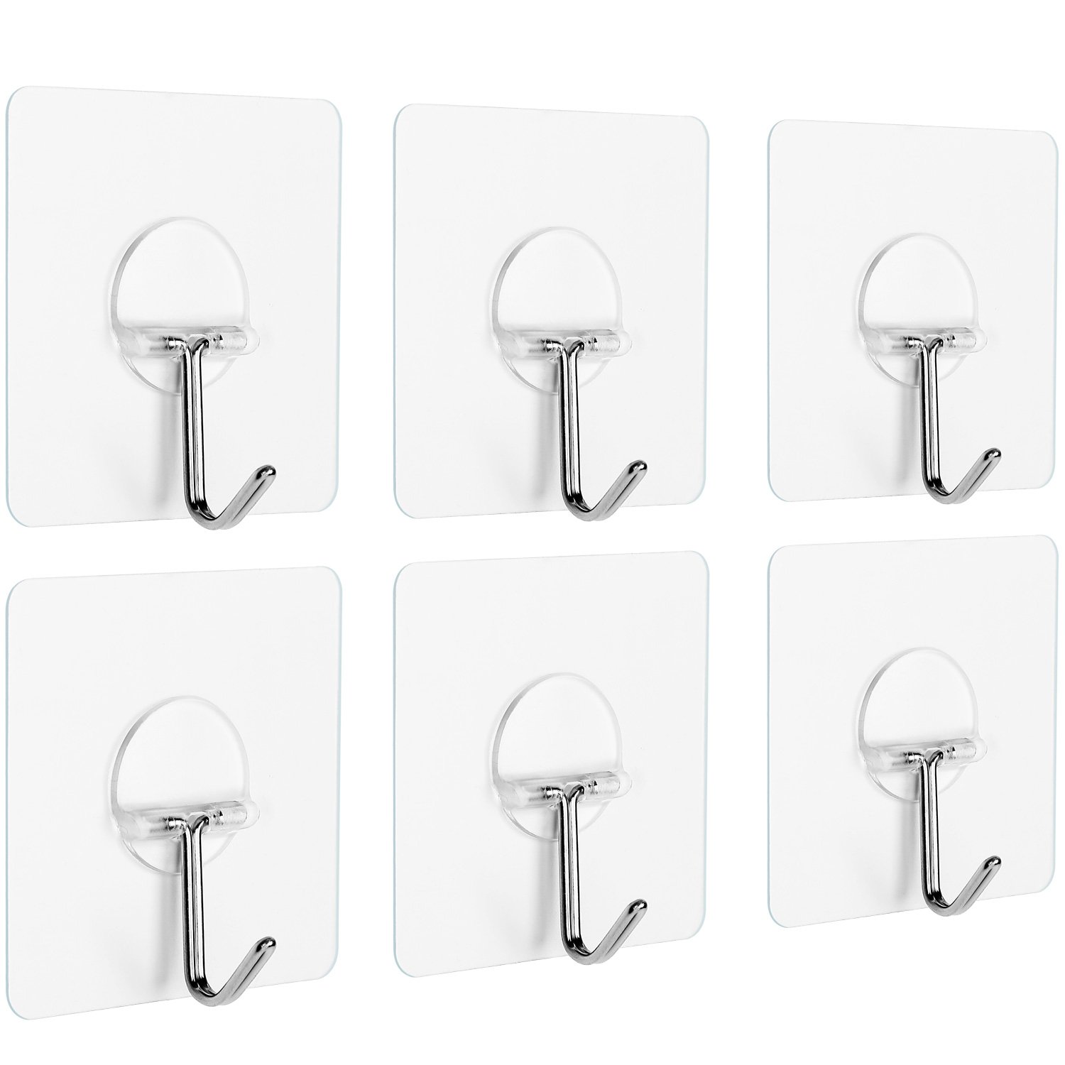 Anwenk Clear Adhesive Wall Hooks (6 Pack) | Damage-Free Installation | Stainless Steel Hooks & PVC Base | Water & Oil Resistant | Holds 5.9kg | Bathroom & Kitchen Use
