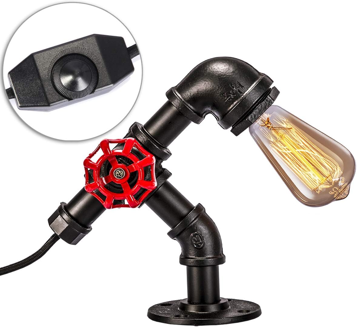 Industrial Table Lamp with UL Dimmable Switch, Licperron E26 E27 Edison Base Vintage Steampunk Rustic Table Lamp Base Antique Pipe Desk Light Plug in Cord On/Off Switch Bedside Lamp Holder 1 Pack