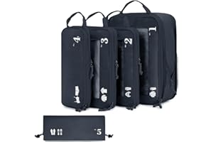 ECOHUB 5 Set Compression Packing Cubes for Suitcases Organiser Bags Set Travel Essentials with Shoe Bags for Travel Tear-resistant Travel Accessories with ID Tag Expandable Packing Bags(Navy Blue)
