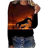Horses T Shirt Women Funny Graphic Tees Long Sleeve Crew Neck Shirts Casual Loose Fit Blouses Horse Lover T-Shirt Gift