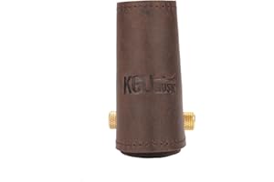 KGUBRASS Leather Ligature and Leather Cap for Alto Saxophone by KGUmusic. Saxophone Alto accessories. Black leather, Nuummite natural stone inlaid with raw brass screw(Raw Brass, Brown + Tiger's eye)