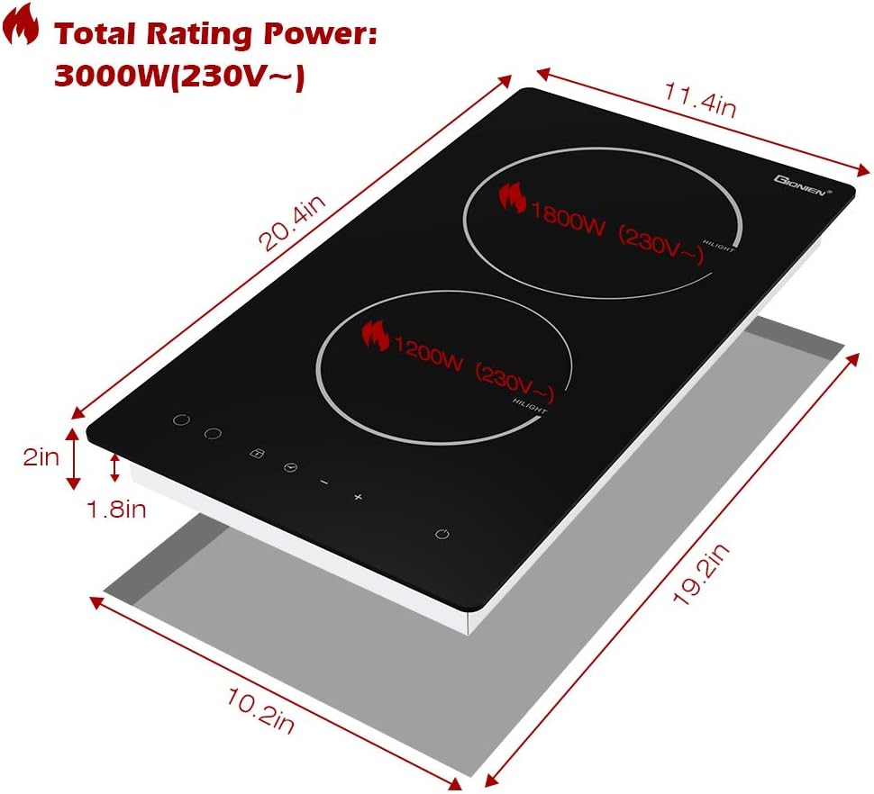 12" Electric Cooktop, Built-in 2 Burners Electric Ceramic Stove, GIONIEN Countertop Burners Cooker Satin Glass in Black,220-240V,3000W,GTM230T: Appliances