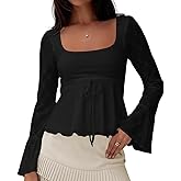 KIGRAD Women Coquette Long Bell Sleeve Floral Ruffle Babydoll Crop Tops Fall Y2k Boho Square Neck Peplum Shirt Blouses
