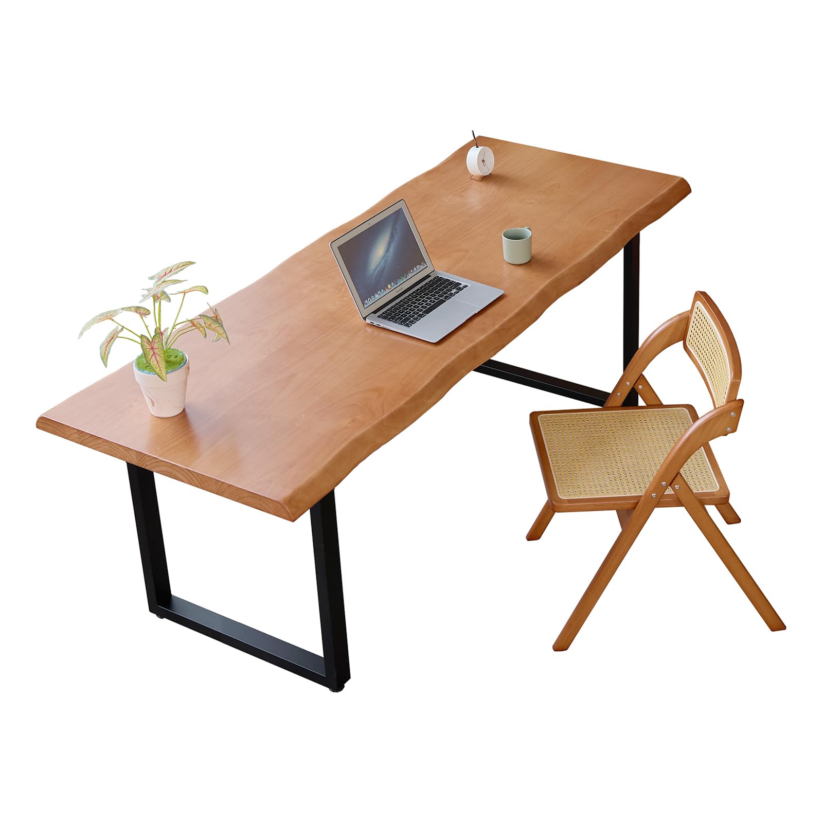Photo 1 of KunAndPeng Stylish Solid Wood Office Desk with Sturdy Metal Base - Durable Executive Computer Desk or Dining Table in Multiple Sizes - Perfect for Home Office and Work Environments (Tan62.99in)