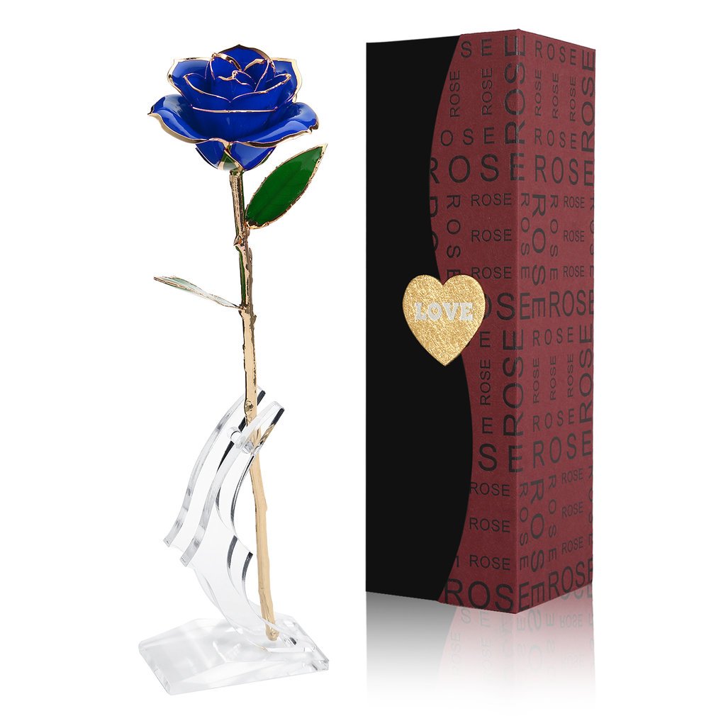 NICEAO 24K Gold Foil Trim Red Rose Flower Long Stem with Transparent Stand, Best Gift for Valentines Day, Mothers Day, Anniversary, Wedding, Birthday Gift, Treating Yourself (Blue)