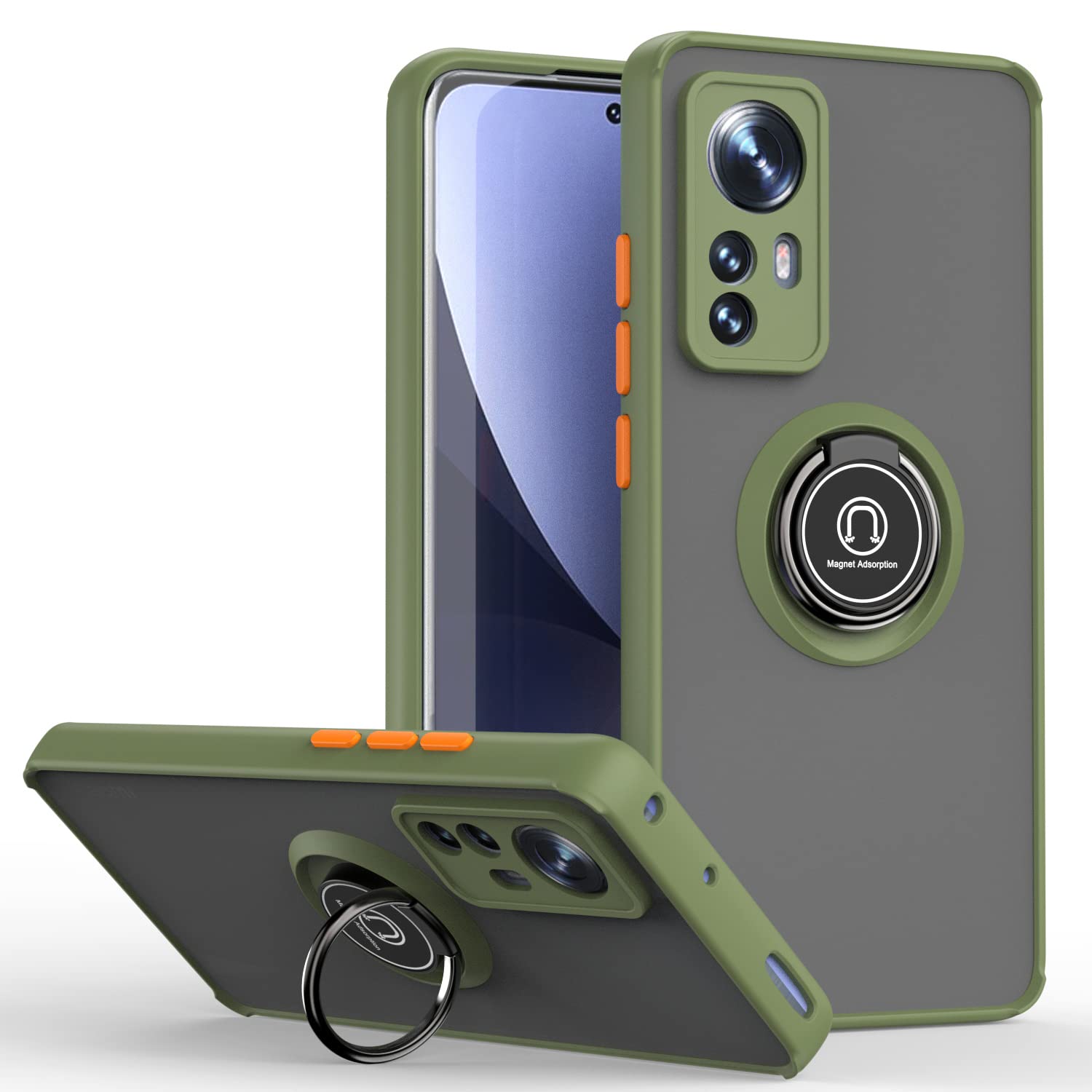XINYEXIN Compatible with Xiaomi 12 Pro Case with Ring Holder, PC +TPU Shockproof Bumper Case Protective Cover - ArmyGreen