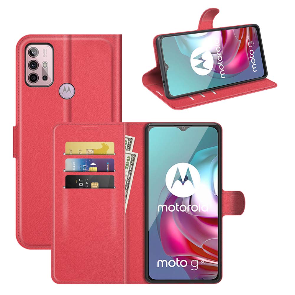 Fertuo Case for Motorola Moto G30 / Moto G10 / G20, Leather Wallet Case Flip Folio Cover with Silicone Bumper [Kickstand] [Card Holder] [Magnetic Buckle] Bookcase Skin for Moto G30 / G10, Red — image 1