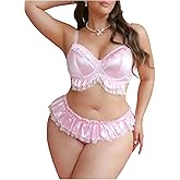 MakeMeChic Women's Plus Size 2 Piece Lingerie Set Satin Ruffle Contrast Mesh Bra and Panty Matching Sets