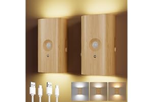 Electight Wood Grain Night Light with Motion Sensor, Magnetic Attachment, Wireless, 3600 mAh Type-C Rechargeable Battery, 3 Colors, 10-100LM Dimmable, for Hallways, Living Rooms, Stairs, 2-Pack