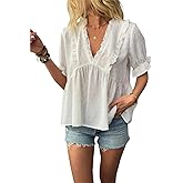 Nicetage Womens 2025 Elegant V Neck Blouse Lace Trim Ruffle Flutter Sleeve Summer Flowy Shirts Tunic Top with 3D Polka Dot