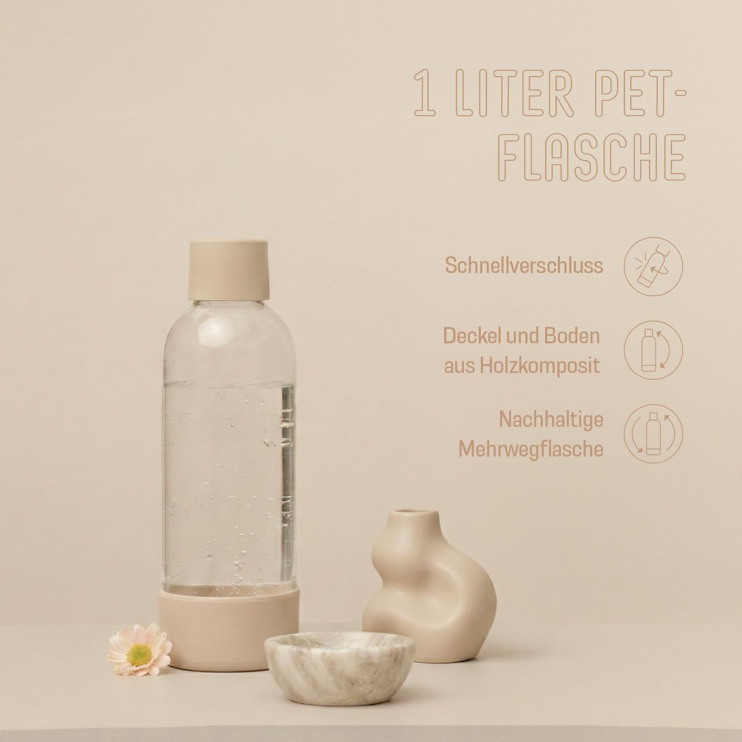 Mysoda: Glassy Wassersprudler aus Holzkomposit mit CO2-Zylinder und 1L Glasflasche & BPA-Frei 1L Plastikflasche - Latte 7