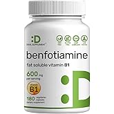 Benfotiamine 600mg Per Serving, 180 Veggie Capsules (300mg Per Cap) – Fat Soluble Vitamin B1 Thiamine Supplement – 3rd Party Tested, Vegan, Non-GMO, Gluten Free