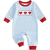 Sasaerucure Infant Newborn Baby boy Valentine’s day Outfit Heart Embroidery Striped Long Sleeve Romper Jumpsuit