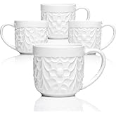 25DOL Small 3.3 Oz Ceramic Espresso Cups Set of 4, Nature Engraved, White | Heart-Shaped Handle &bull; Lead-Free Glaze &bull; Microwave &bull; Dishwasher &bull; Oven &bull; Freezer Safe